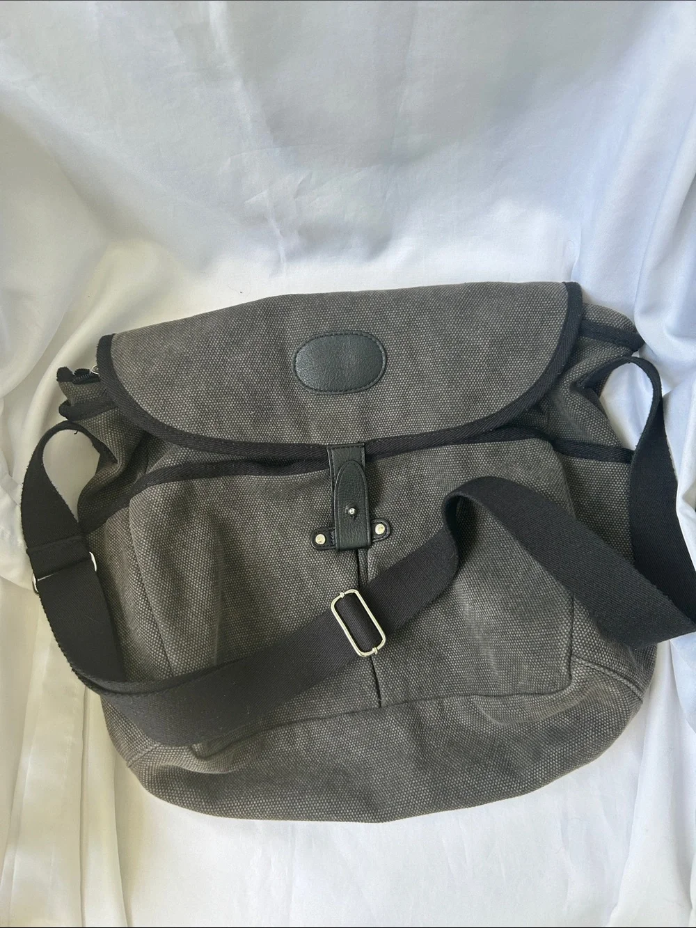 Levenger Gray Canvas Messenger Bag with Dark Trim and Leather Accents
